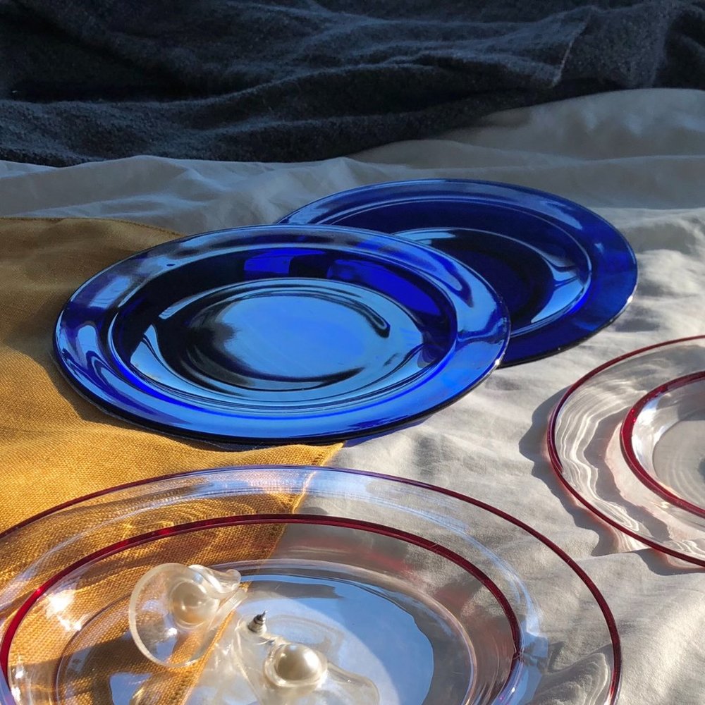 VINTAGE COBALT GLASS PLATE  a pair